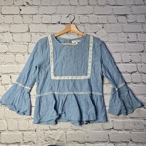 Les Petites 100% Cotton Peplum Bell Cuff Eyelet Detail Blouse Size Small